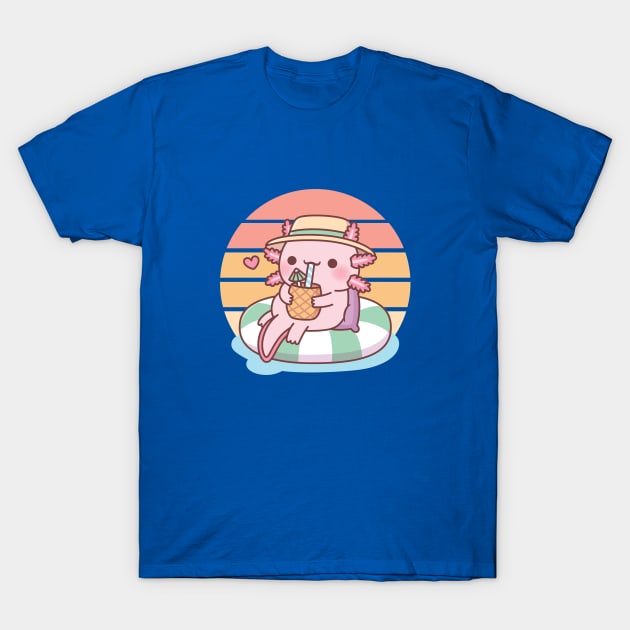 Cute Axolotl Chilling On Pool Float Summer Vibes T-Shirt by rustydoodle